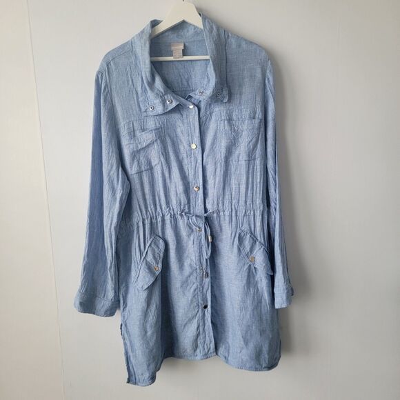 Chicos Womens 100% Linen Cross Utility Jacket sz 16/18 Drawstring Snap Down Blue - Picture 1 of 9